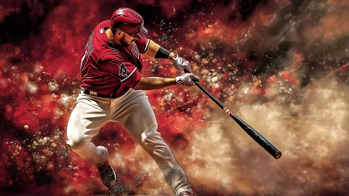 Baseball slugger swings through explosive dust and sparks.