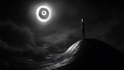 Solitary figure on dark ocean hill under glowing rings.