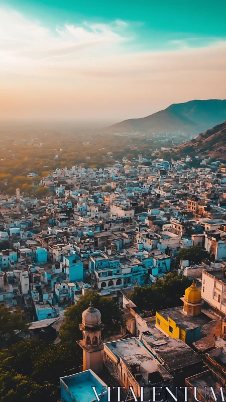 Sunlit hill city skyline under teal sky at golden hour.