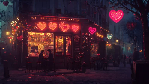 Romantic street cafe glowing with neon heart lights at night.