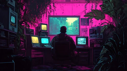 Lone operator at retro computer station in neon room.