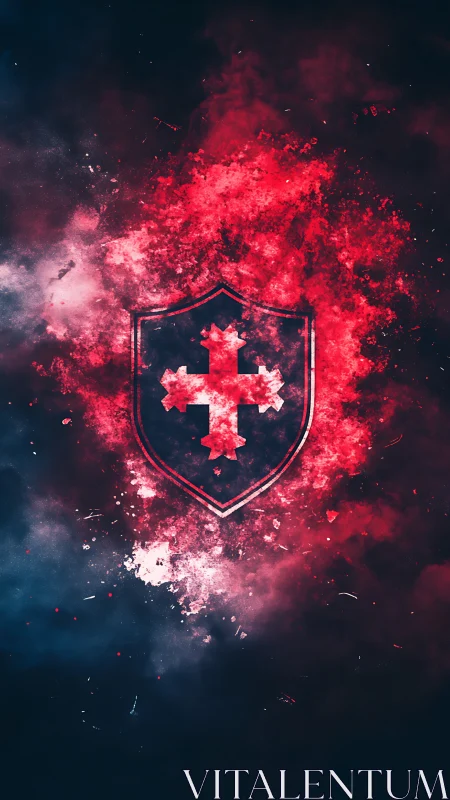 Crimson shield emblem bursts through dark cosmic smoke.