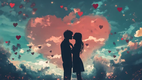 Silhouetted couple kissing against heart-shaped cloud.