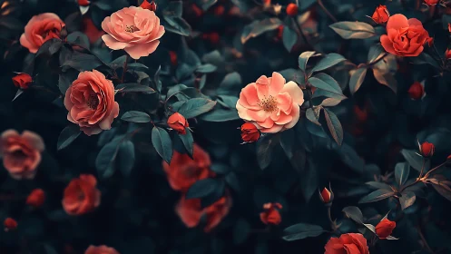 Coral Roses Blooming in Moody Garden Light