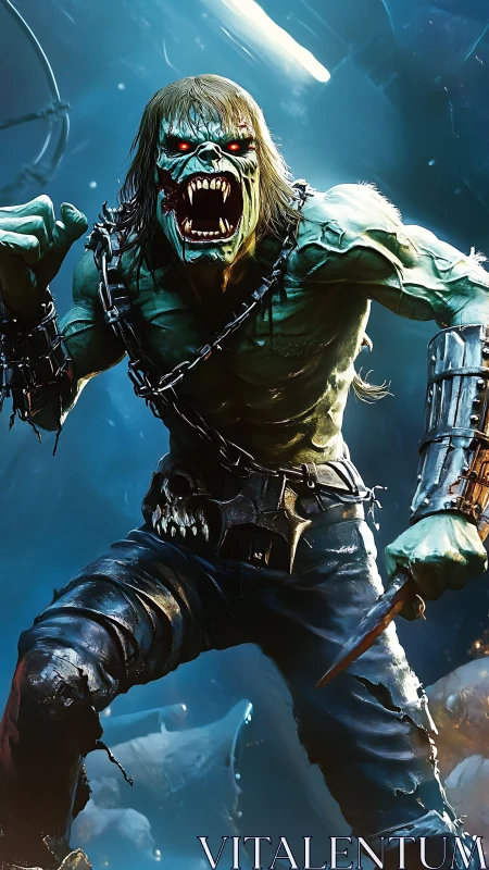 Mutated chained warrior lunges forward with blade drawn