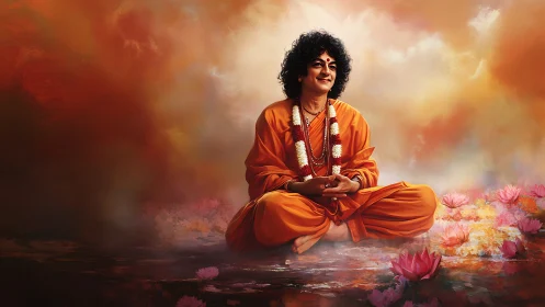 Smiling monk meditates among lotus flowers in warm light