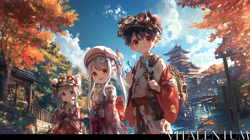 Kimono-clad children explore riverside shrine in autumn light.