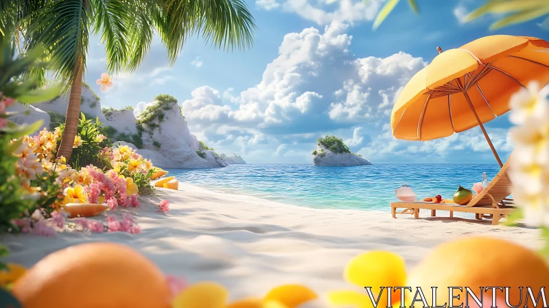 Tropical Beach Paradise with Orange Umbrella and Coastal Blooms