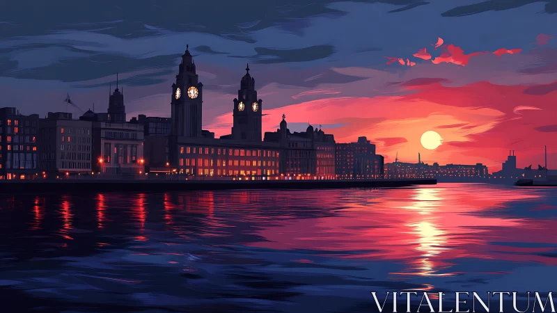 Harbor city sunset glow over calm water reflections.