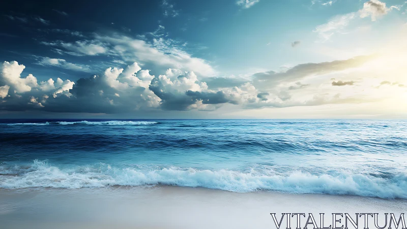 Ocean daydream hush where teal waves kiss bright sky.