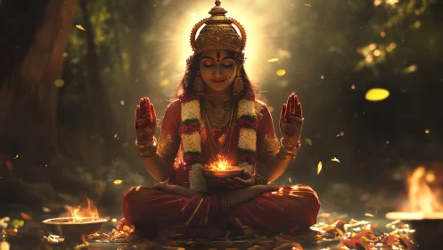 Hindu goddess in luminous forest, ritual firelight composition.