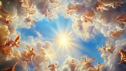 Radiant celestial vortex uniting angels around solar divine core