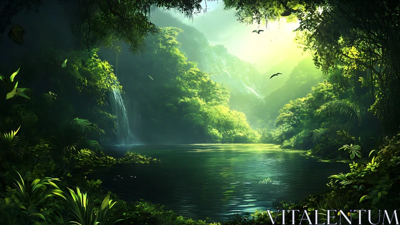 Lush tropical basin with volumetric light and reflective water rendering