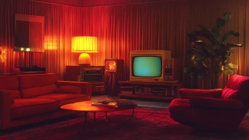 Warm retro living room glowing in vintage TV light.