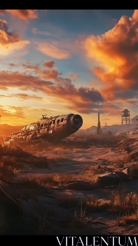 Derelict spacecraft in arid landscape under sunset sky.