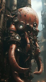Colossal steampunk mech-octopus looms over an industrial city