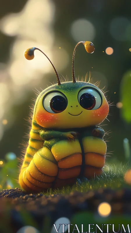 Macro 3D render of stylized caterpillar with bokeh lighting