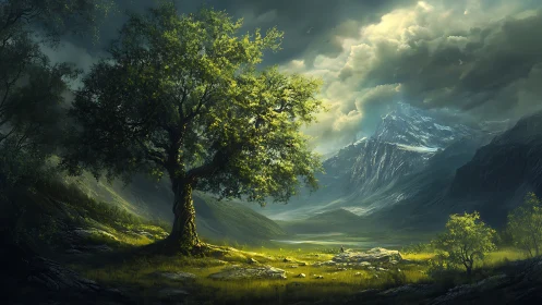 Sunlit valley tree welcoming you to a quiet mountain day.