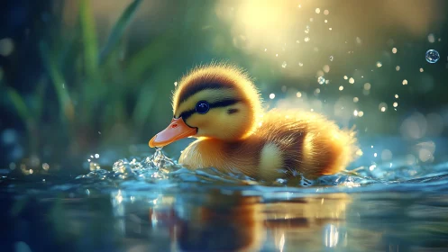 Sunlit duckling skims the pond in a halo of sparkling spray