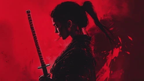 Silhouetted swordswoman holds katana against saturated red field