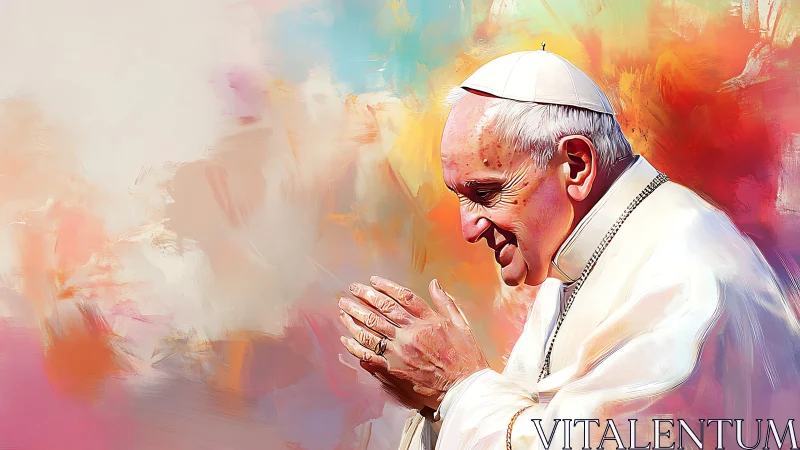 Smiling clergyman in prayer amid radiant abstract colors