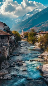Sky-brushed village river under watchful mountain giants.