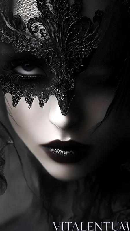 Masked gothic woman gazes through shadows in haunting elegance