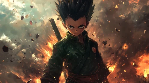 Intense anime swordsman amid explosive atmospheric burst.