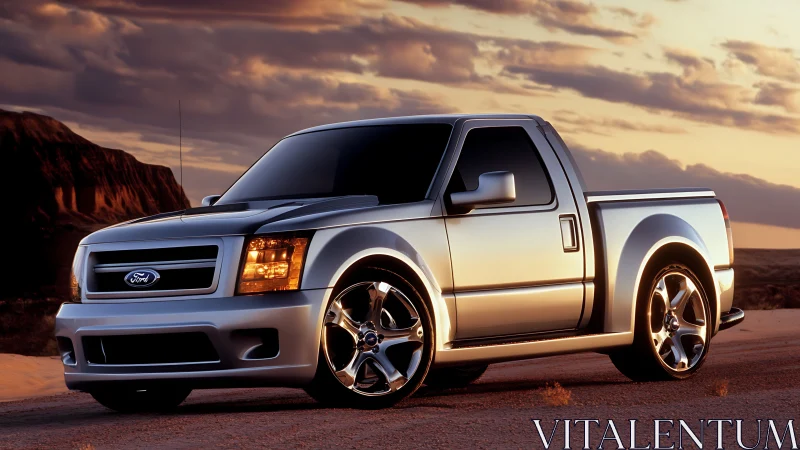 Silver performance pickup under dramatic sunset sky.