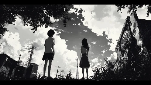 Two children gaze at fractured sky over decaying suburb.