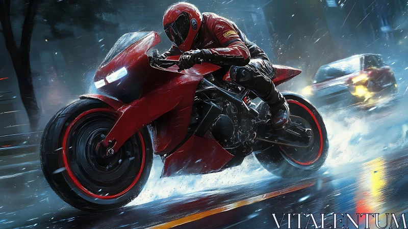 Red superbike slices through wet neon city street