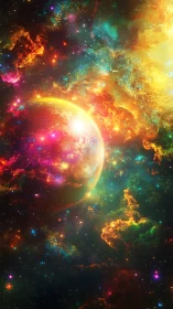 Prismatic planet adrift in blazing auroras of deep space.