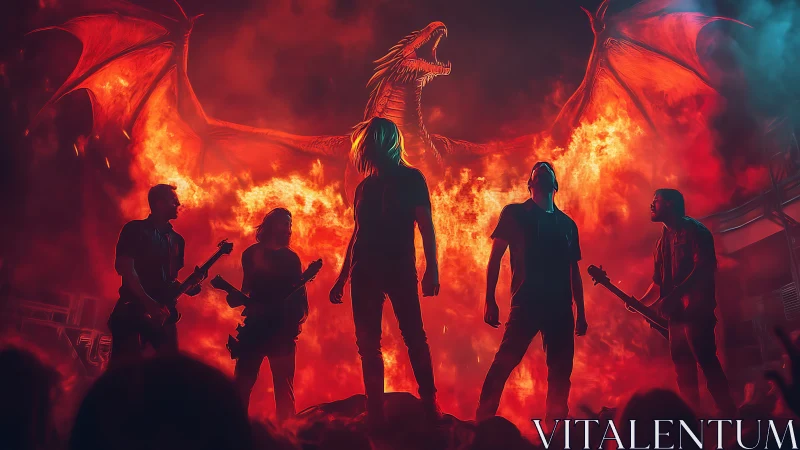 Rock band ignites the stage beneath a roaring fire dragon.
