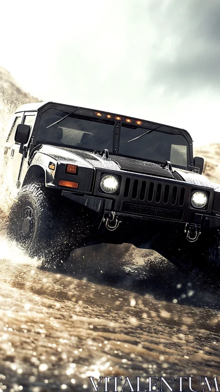 Off-road utility vehicle traversing shallow muddy water.