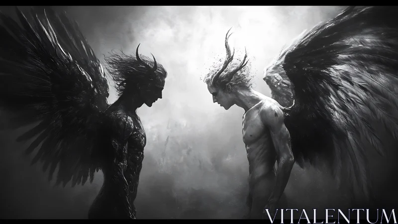 Monochrome winged warriors confront in high-contrast digital chiaroscuro