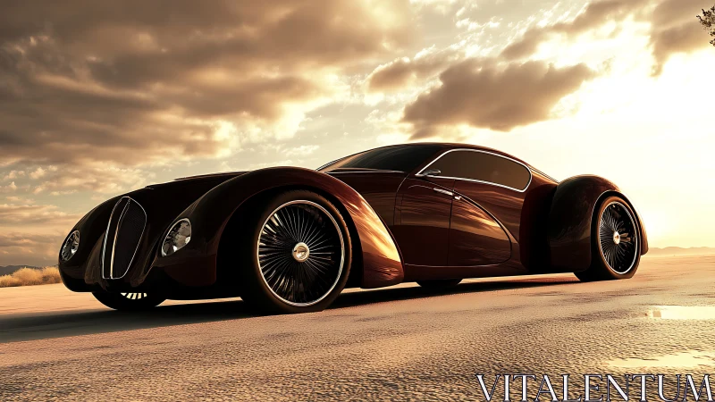 Streamlined retro-futurist coupe under glowing sunset sky.