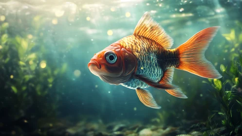 Radiant goldfish glides through a tranquil, glowing aquarium