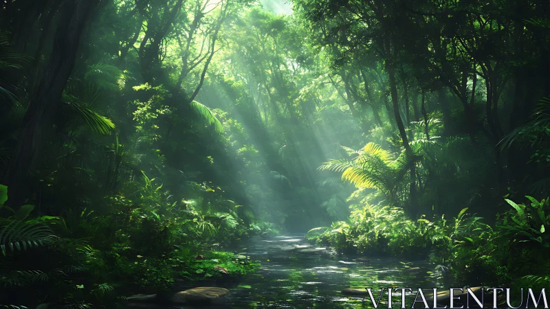 Sunlit Forest Stream Through Dense Tropical Canopy.