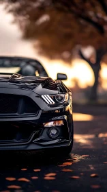 Black sports coupe front detail on wet road at sunset.