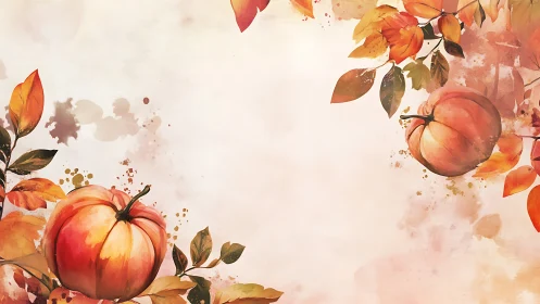 Autumn pumpkins with watercolor foliage on soft canvas border.