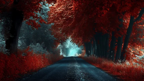 Red forest road leading into bright misty distance.