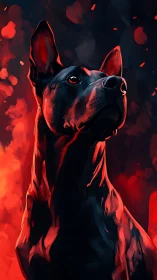 Canine portrait rendered in dramatic red and blue chiaroscuro