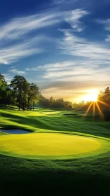 Sunlit golf green displays defined contours and long shadows