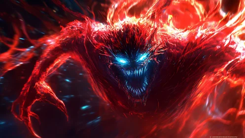 Volumetric red energy demon with bioluminescent eyes, frontal