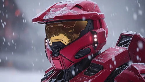 Crimson snowguard mech warrior staring through frozen silence.