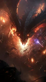 Infernal dragon erupts over shattered battlefield in flame