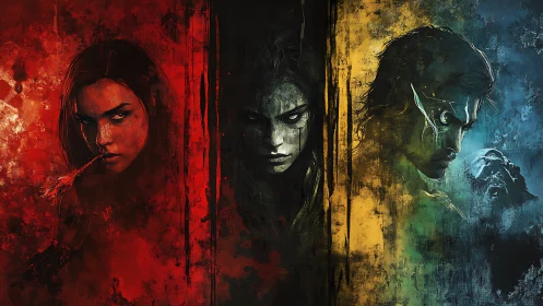 Dark fantasy trio in red, yellow, and blue panels.