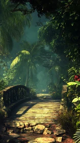Sunlit jungle bridge invites footsteps into emerald hush