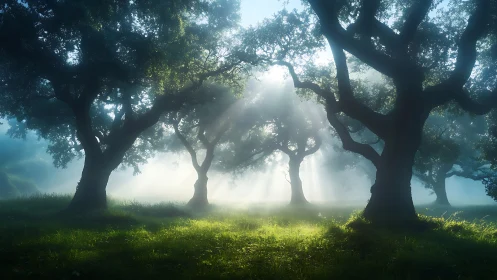 Sunbeams penetrate misty oak grove, sculpting atmospheric depth