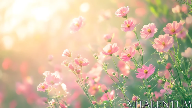 Pink Cosmos Blooms Dancing in Golden Sunlight.